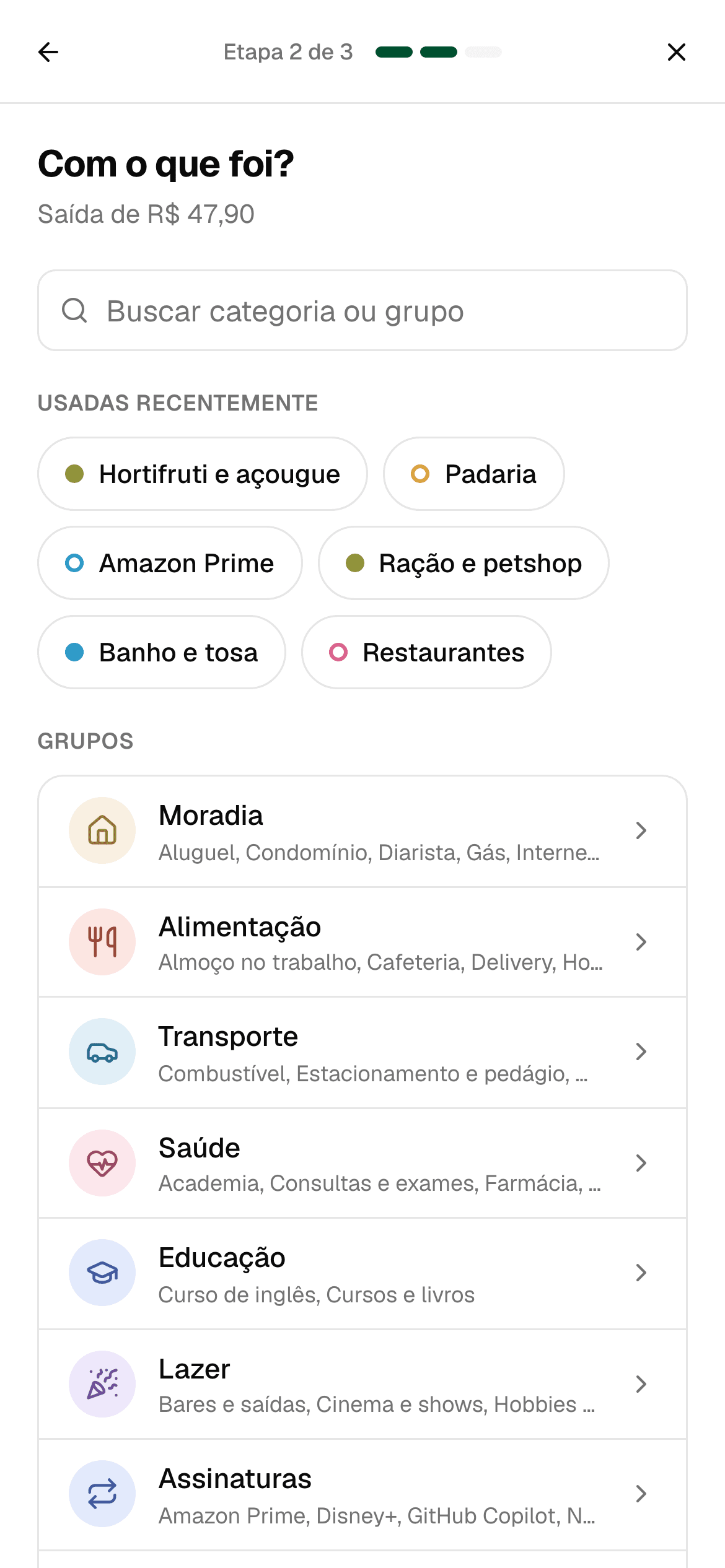 Etapa 2 de 3 do registro: escolha da categoria, com as usadas recentemente e os grupos