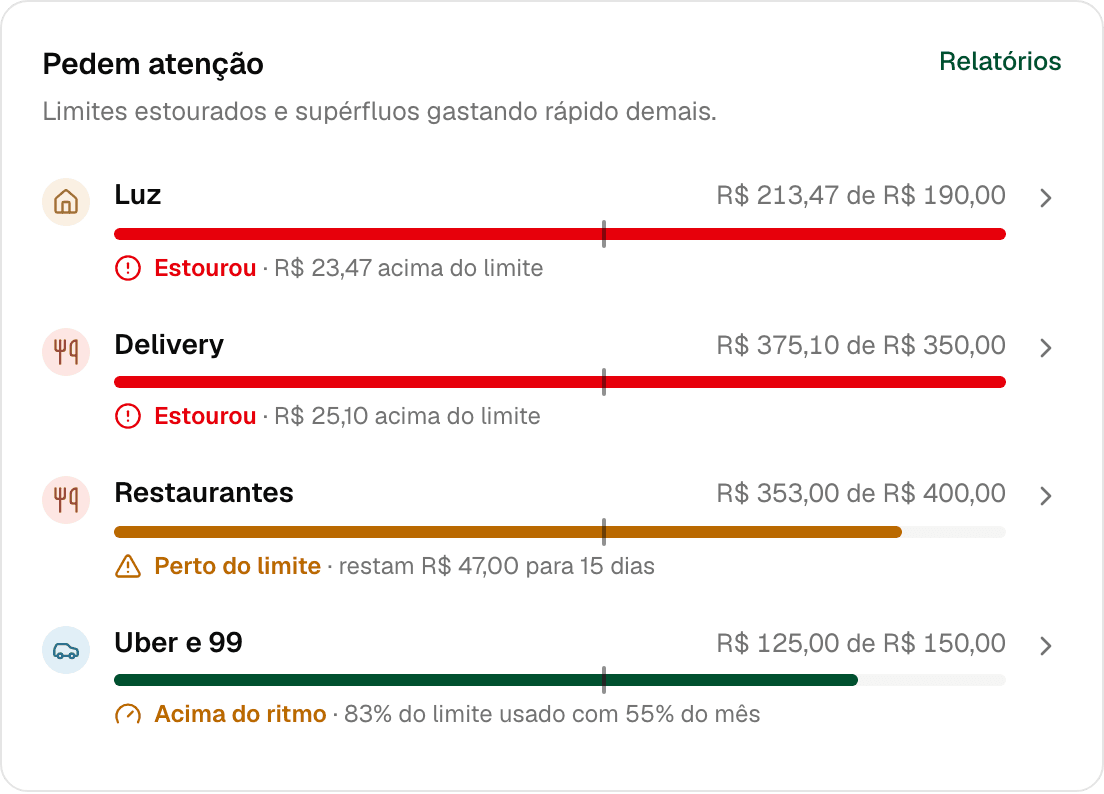 Lista Pedem atenção: Luz e Delivery estouraram o limite, Restaurantes está perto do limite e Uber está acima do ritmo